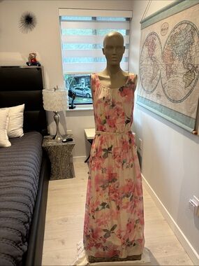 Floral Pink Maxi Dress with Scoop Neck and Elastic Waist made in Italy silk